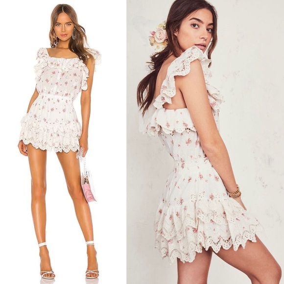 LOVESHACKFANCY Floral Embroidered Eyelet Ruffle Trim  Square Neck Mini Dress M - Picture 4 of 9